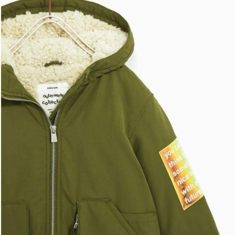 Zara Army Green Sherpa Lined Water Resistant Coat
